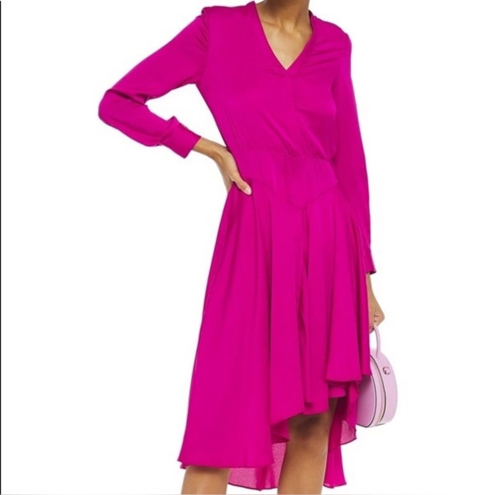 Maje. Rushia Asymmetric Ruffled Satin-Crepe Dress. Fuchsia. Size Large.